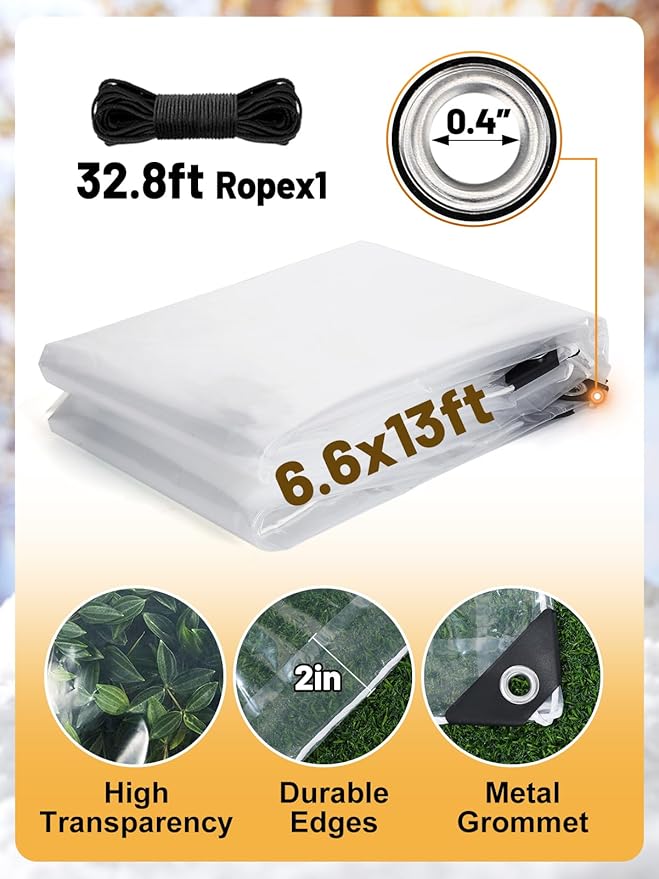 6.6x13 FT Clear Tarp Heavy Duty Waterproof for Patio Winterizing - 5 mil Anti-Tear Snowproof & Windproof Clear Plastic Tarps with Grommets for Winter Garden Patio Enclosure Chicken Coop