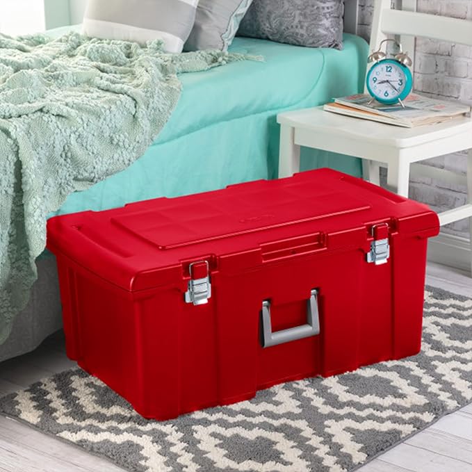 Sterilite 4 Pack Wheeled Footlocker, Lockable Plastic Utility Storage Container, Red
