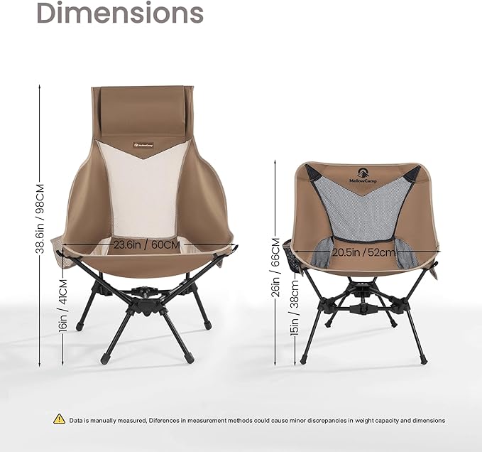 MellowCamp High Back Camping Chair, Oversized Comfort Design Collapsible Camp Chair with Pillow (Brown)