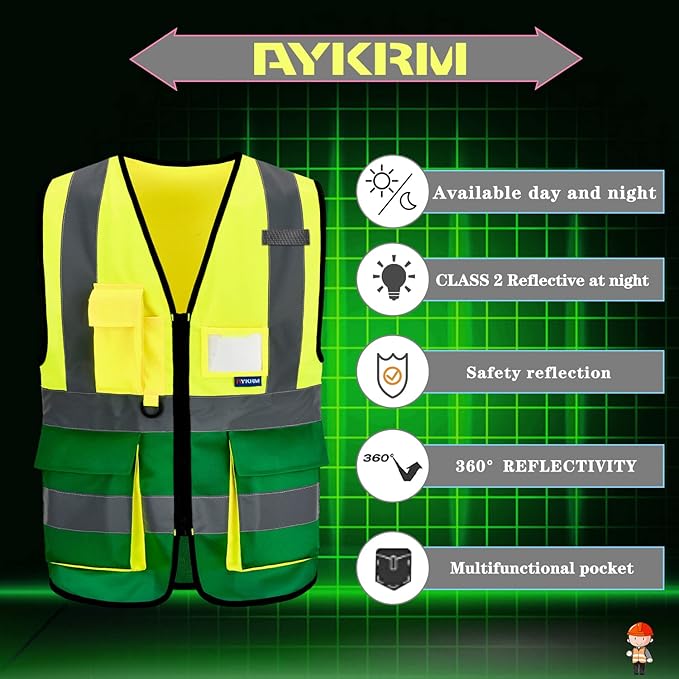 6XL 7XL 8XL High Visibility Yellow green REFLECTIVE Safety Vest with zipper Reflective Strips 7 Pockets