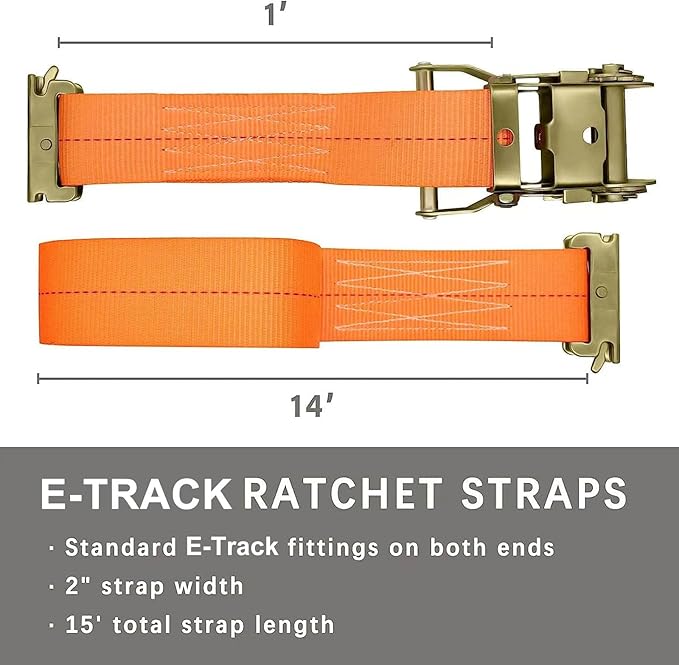 8Pack E-Track Straps Ratchet Etrack Strap Box Truck Strap Tie Down Heavy Duty 2" x15' 4400lbs Breaking Load, 2200 Working Load E-Track Accessories Orange