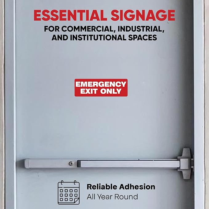 | Emergency Exit Only Sign Stickers (2 Pack), 8.75x3 – Strong Adhesive, Durable, Waterproof Exit Sign Stickers for Doors and Walls – Perfect for Emergency Exit Only Signage.