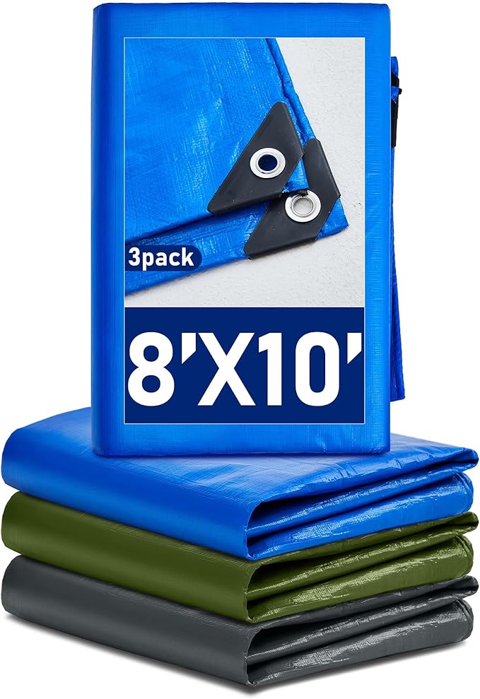 3 Pcs Large Waterproof Tarp 8 x 10 ft Heavy Duty 5.5 Mil Thick Poly Tarpaulin with Grommets Multipurpose Protective Cover for Summer Home Boats Cars Camping Rv Pool Tent