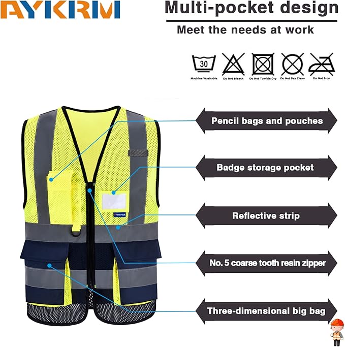 A-SAFETY High Visibility Mesh Safety Reflective Vest with Pockets and Zipper,Hi Vis Viz Reflective Safety Vest(Yellow&Navy Mesh XXL)