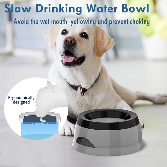 Takfox Dog Water Bowl, No Spill Cat Slow Feeder Water Dispenser Portable Vehicle Carried Car Travel Bowls for Small Medium Pets Sloppy Messy Drinkers 25oz, Grey