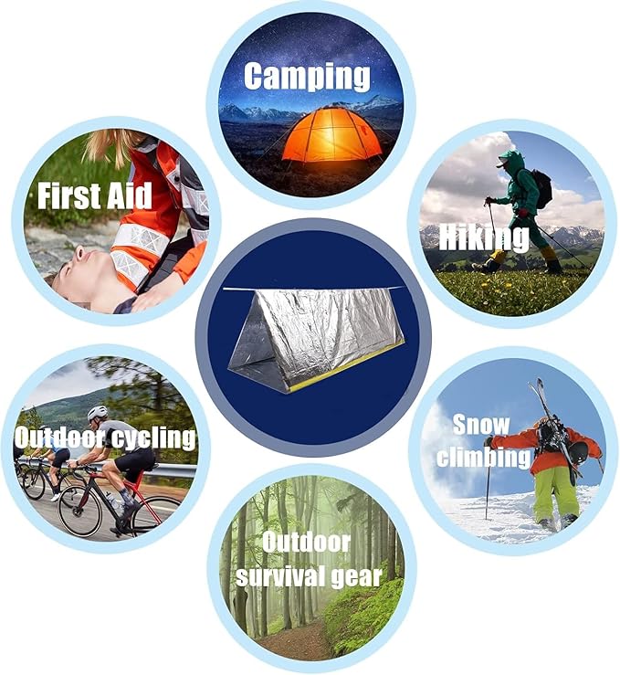 1 Piece Survival Shelter, Polyester Film Emergency Tent Survival Kit with String Bundle Pocket Whistle for Hiking, Car Camping（Silver）