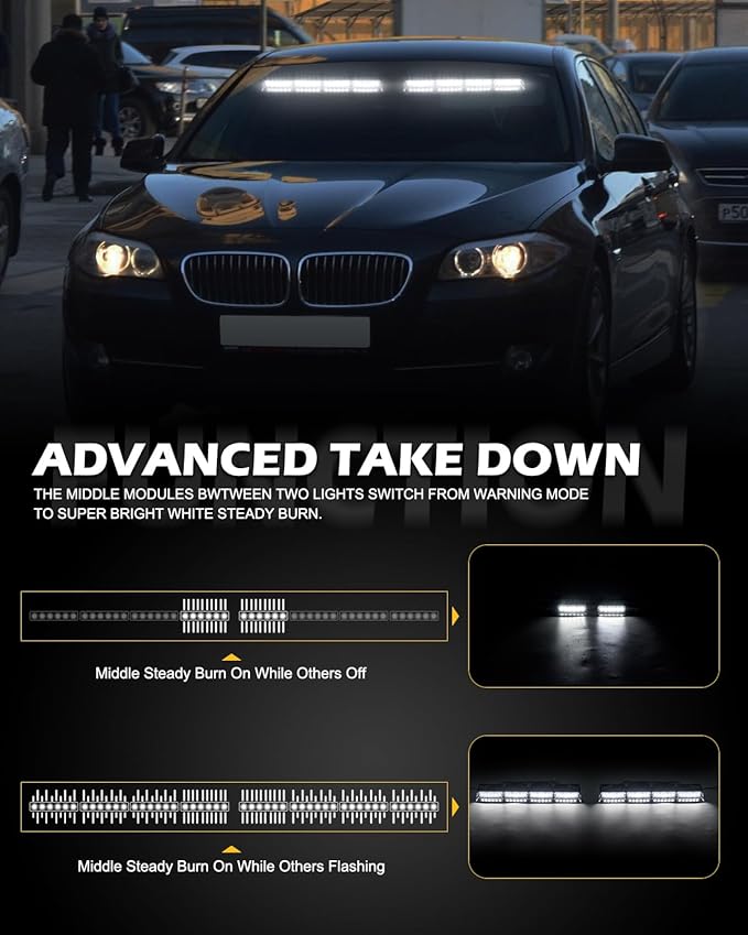 HLauto 604N Emergency Dash Strobe Lights: 2x16.8 inch White Security Light w/Take Down, 48 LED Safety Flashing Warning Hazard Interior Windshield Visor Light Bar for Trucks Vehicles