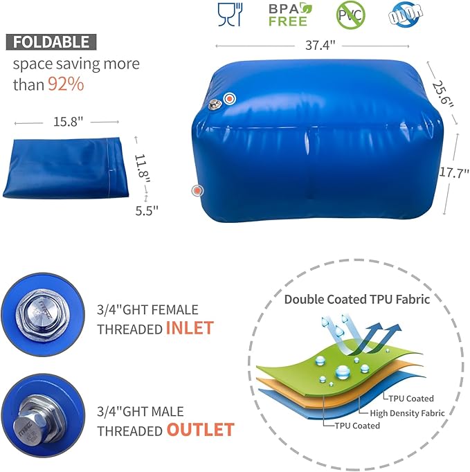 Water Storage Bladder for Drinking, TPU Water Bladder Tank, No BPA & PVC Portable Collapsible Flexible Container for RV Camping, Emergency Water Supply & Irrigation, Food-Grade Materials, 100 Gallon
