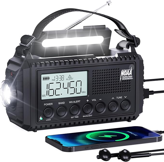 5000 Hand Crank Emergency Radio, NOAA Weather Radio with Backlit LCD Screen, 5 Way Powered, AM/FM/Shortwave &Solar Radio,Rechargeable Battery, Flashlight & Reading Light,SOS Alarm,Cell Phone Charger