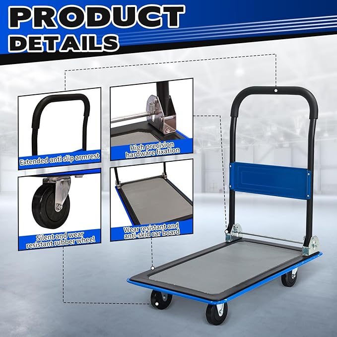Blue Folding Platform Hand Truck 330 lbs Capacity, Heavy Duty Flatbed Dolly with 360° Swivel Silent Wheels, Foldable Steel Push Cart for Warehouse, Office, and Home Storage