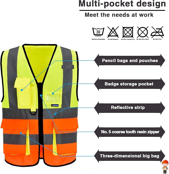 A-SAFETY High Visibility Safety Vest, ANSI Class 2 Identification Security Vest with 2'' Reflective Silver Strip, Front Zipper Construction Vest for Night, Orange&Yellow Color Mixed, XXL