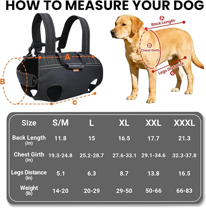 Dog Lift Harness Backpack Carrier for Large Dogs, Full Body Sling with Handle, Dog Harness for Joint Injuries, Arthritis, Ideal for Stairs, Elderly Dogs (Black XX-Large 50-66 LBS)