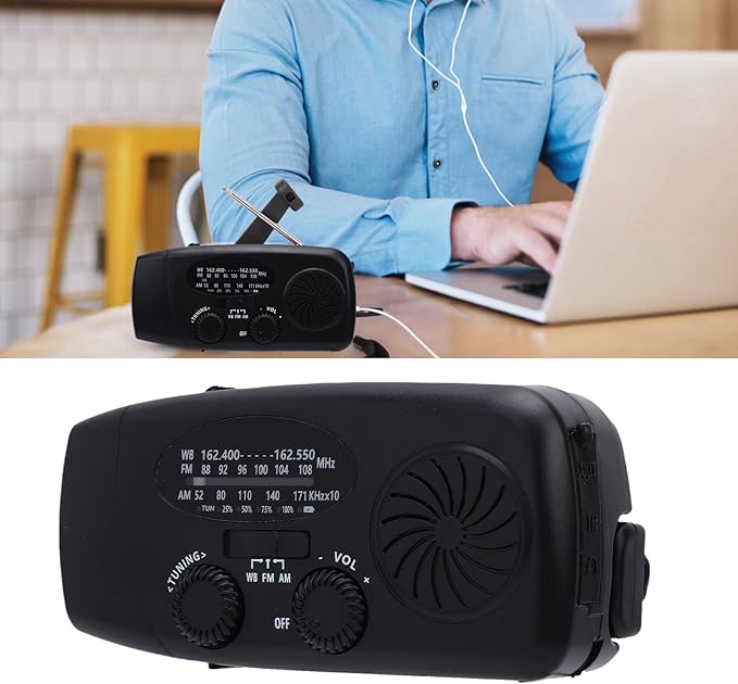 Jectse Emergency Weather Radio, FM AM WB Portable Solar Hand Crank Radio with 6000mAh Battery and LED Flashlight, for Home Outdoor Emergency (Black)