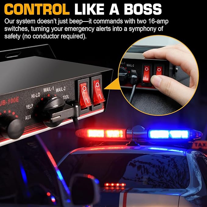 8Tones 200W Emergency Siren with PA - IP67 Waterproof Police/Fire Truck Siren, Yelp/Wail/Hi-Lo Modes, Includes Mic & Speaker for Vehicle PA System | 12 Volt Siren | Car Alarm Siren