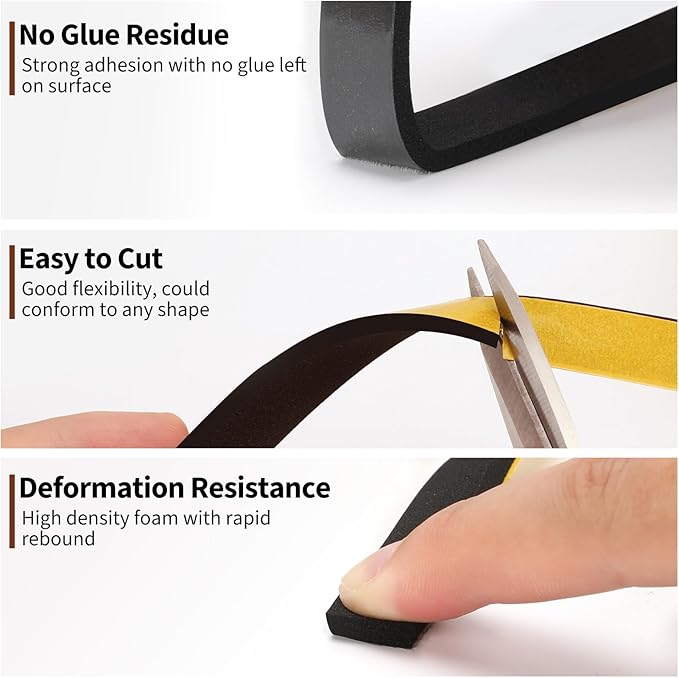 Yotache Foam Seal Tape 3/8" W X 1/8" T (New Adhesive Craft), High Density Adhesive Foam Weather Stripping Seal for Door and Window, 26 Ft Length