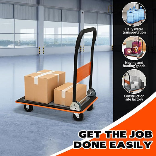 Orange Folding Platform Hand Truck 330 lbs Capacity, Heavy Duty Steel Flatbed Dolly with 360° Silent Wheels, Foldable Push Cart for Warehouse, Home, and Office Use