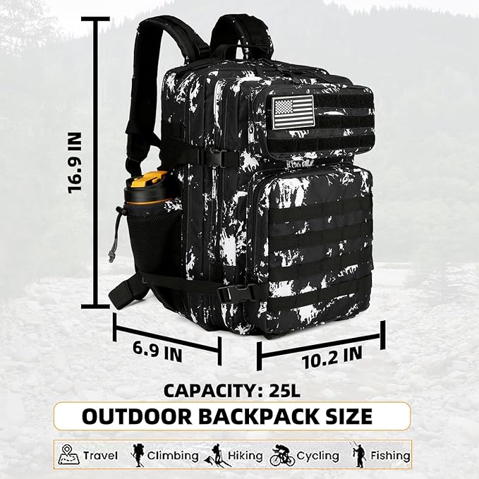 25L Tactical Backpack for Men and Women Military Backpack Small Assault Pack Molle Backpack Bug Out Bag Travel Rucksack Daypack (Black Lightning)