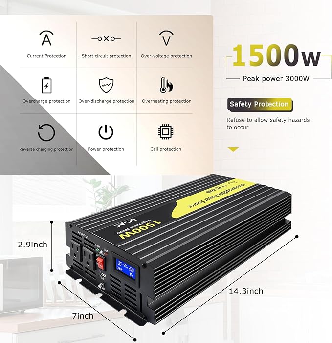 1500W Sump Pump Battery Backup Power System,Basment Protection Sump Pump Inverter with LCD Display and Automatic Battery Backup Switching for Basement Emergency and Power Outage Backup, (Black)