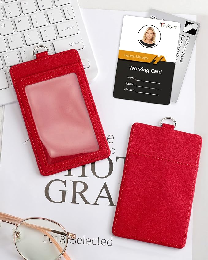 Teskyer Badge Holder with Lanyard, Leather ID Name Badge Card Holder with Lanyard for ID Badges, Vertical, Starry Red