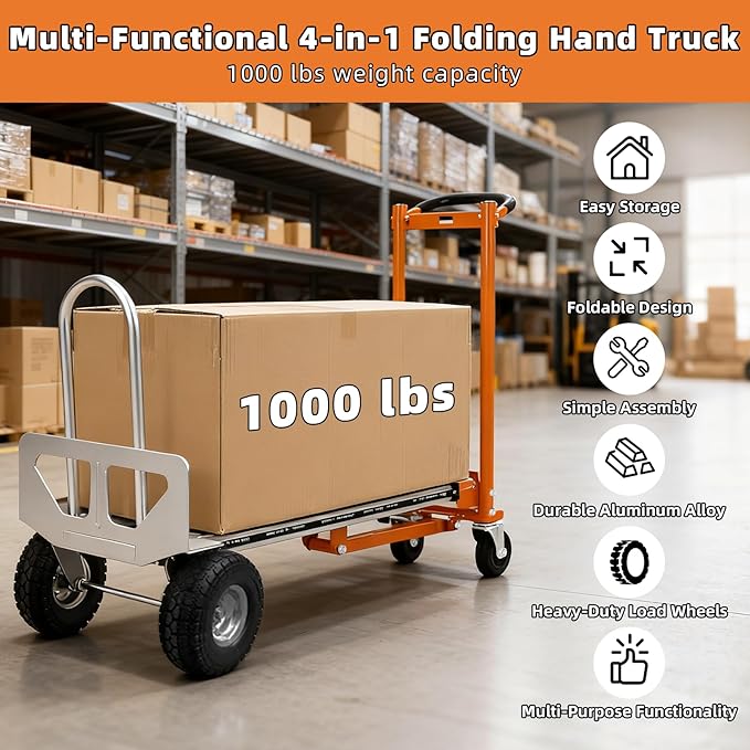Aluminum 4 in 1 Convertible Hand Truck Dolly, 1000Lbs Capacity, Heavy Duty Folding Hand Truck Dolly Cart with Wheels 10" Solid, 2 Safety Strap, Hand Trucks for Logistics, Moving Home, Shopping, Office