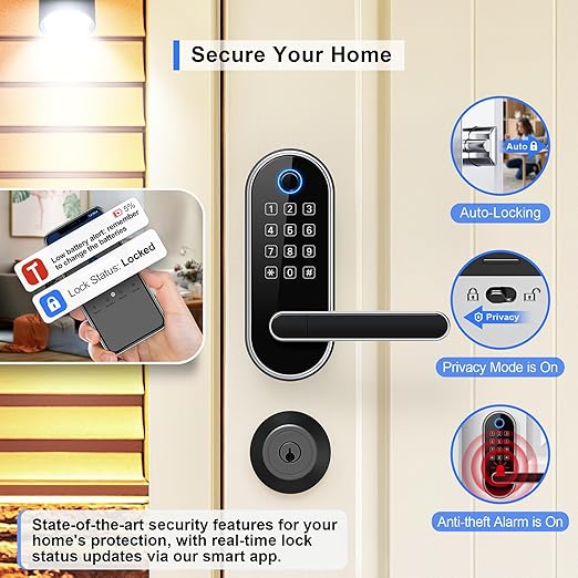 Bluetooth Fingerprint Smart Lock with Handle & Keypad – Fits Most US Doors, DIY Install, Keyless Entry: Code, FOB, Auto-Lock. Ideal for Home, Airbnb, Rental, Kids, Seniors. Alexa & Google Compatible