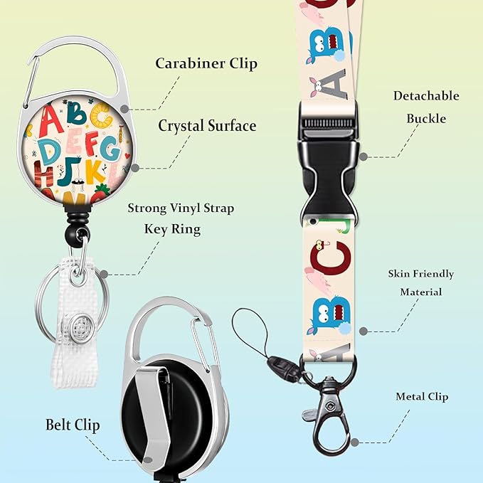 ID Badge Holder with Lanyard Colorful Alphabet Retractable Badge Reel Clip English Letter Lanyard Name Card Vertical ID Protector, ID Card Holder Keychain Name Badge Clip for Women Men
