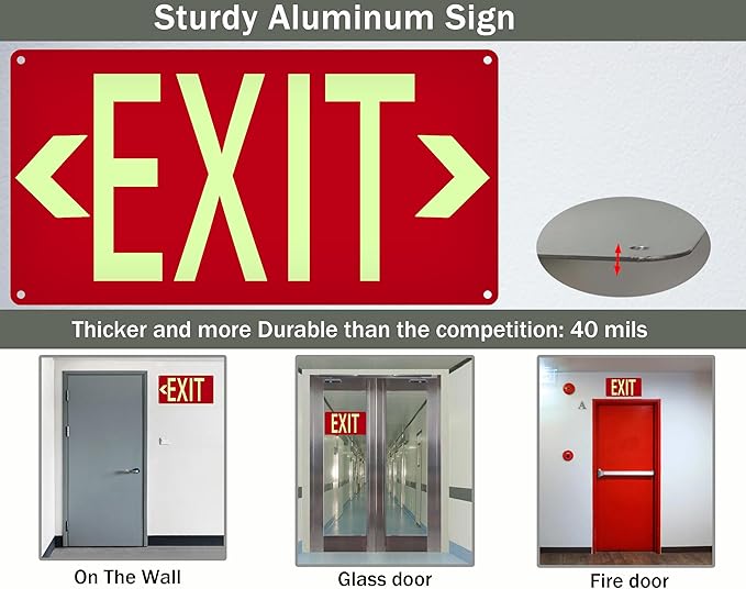 Photoluminescent Exit Sign Aluminum Red - with Removable Directional Arrows, With strong self adhesive tape, 14.25 x 7.5 - Non Electrical Red Exit Signs For 50 Feet Visibility