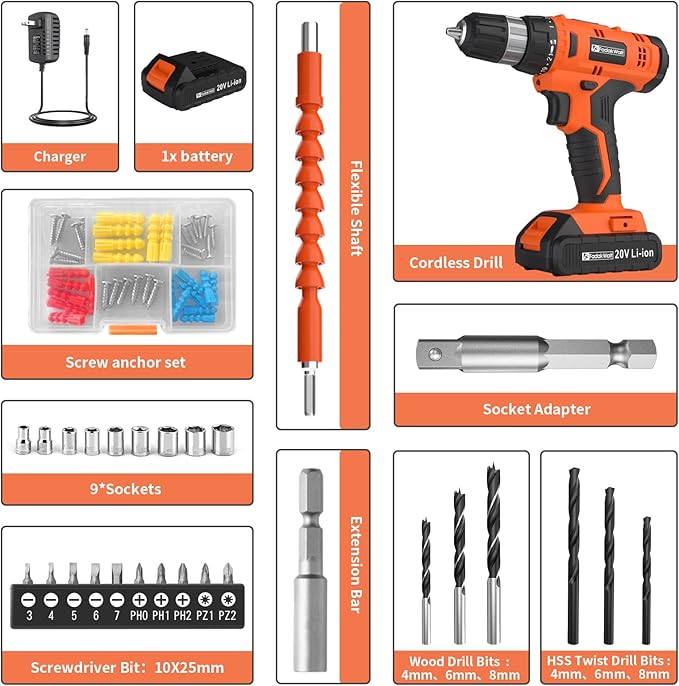 FADAKWALT 20V Electric Power Drill Set, Torque 30N, 21+1 Torque Setting, 3/8-Inch Keyless Chuck, LED Electric Drill Kit, Orange