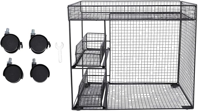 Mobile Storage Rack, Wide Opening Kitchen Storage Cart Rolling Utility Cart with 360 Rotating Wheels & Pull Out Baskets Kitchen Organizer for Bowls, Dishes, Utensils (Black)
