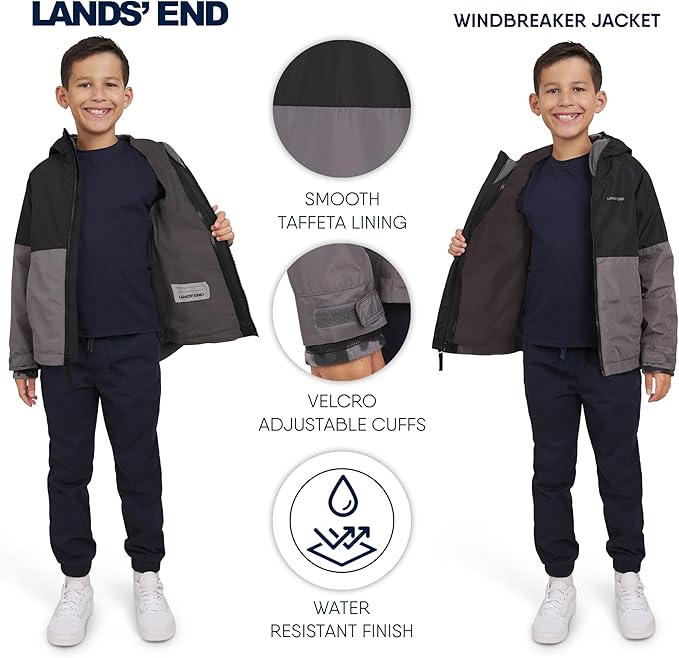 Lands' End Unisex Kids 3-in-1 Water Resistant Windbreaker and Zip-out Polar Fleece Jacket