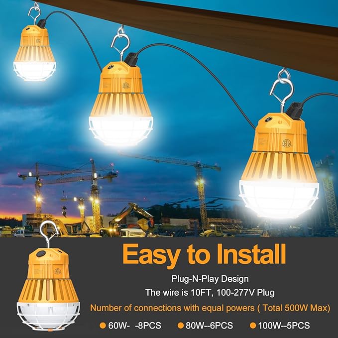 LED Temporary Work Light 80W/64W/48W, 10400LM Outdoor Construction Lights Job Site Lighting 5700K/5000K/4500K, 10ft Cord Hanging Lighting for Workshop Construction Garage, AC100-277V