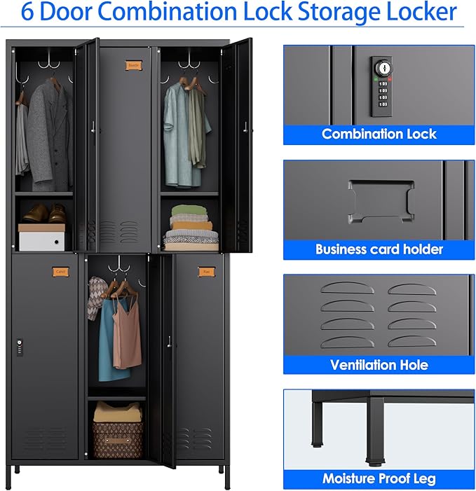 Metal Lockers for Employees with Combination Lock, 6 Doors Storage Locker with 6 Shelves, 18 Hooks and Card Slot for Office Gym School Bedroom, Assembly Required, Black