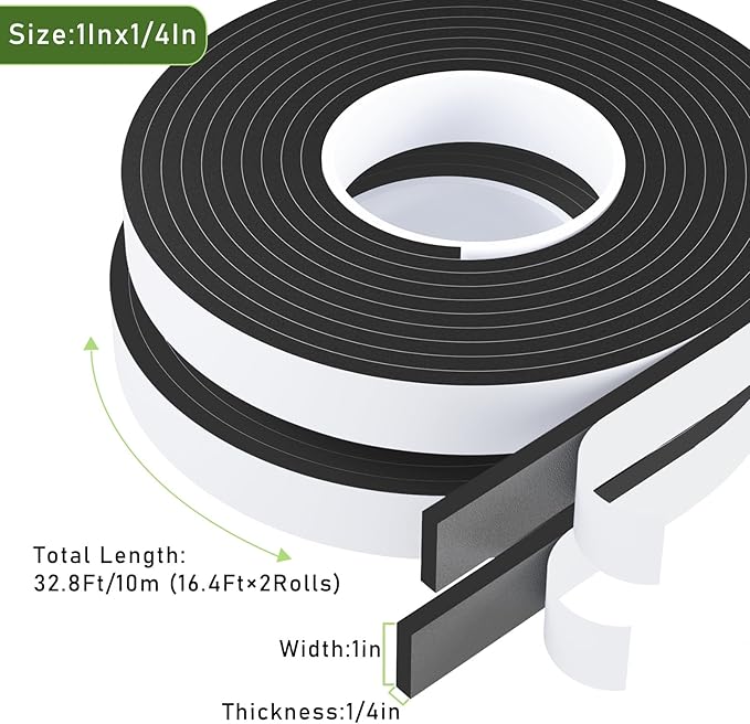 Weather Stripping Door Seal Black,1Inch Wide X 1/4 Inch Thick,Air Conditioner Window Seal,Self Adhesive Foam Tape High Density Foam Sealing Strip,Soundproof Tape Roll,2 Rolls Total 32.8Ft