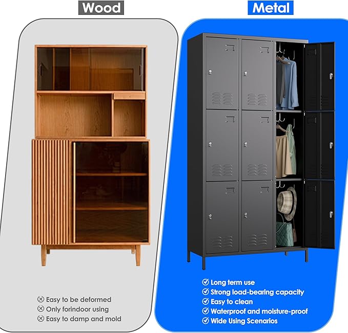 Metal Lockers for Employees with 9 Doors and 27 Hooks, 72”H Storage Locker with Card Slot for Office Gym School Bedroom, Black, Assembly Required
