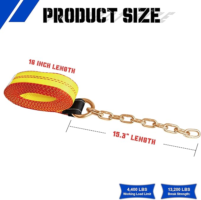 2" x 16' Replacement Tie Down Straps with Chain Tail,4-Pack,Heavy-Duty Car Trailer Straps for 8-Point Tie Down Kits – Extension Strap for Vehicle Transport, Flatbeds & Trailers