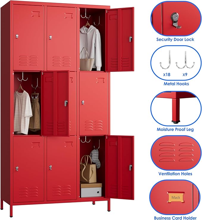 Metal Lockers for Employees with 9 Doors and 27 Hooks, 72”H Storage Locker with Card Slot for Office Gym School Bedroom, Red, Assembly Required