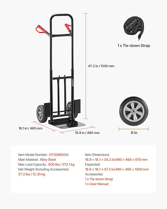 VEVOR Steel Pneumatic Hand Truck Dolly, Convertible Heavy-Duty Moving Dolly Cart with Handle, 600 LBS Portable Trolley Dolly with Tie-Down Strap for Moving Home, Office, Warehouse, Supermarket