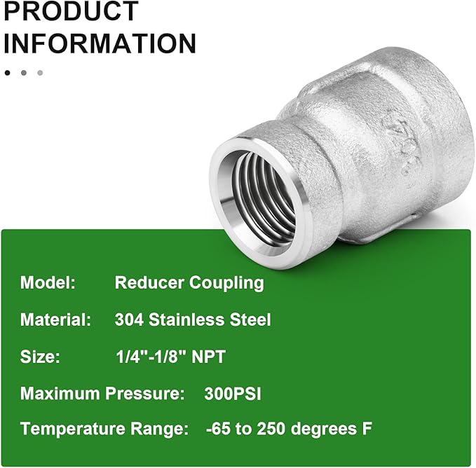 TAISHER 10PCS 304 Stainless Steel Cast Pipe Fitting, Reducer Coupling, 1/4" x 1/8" NPT Female Threaded
