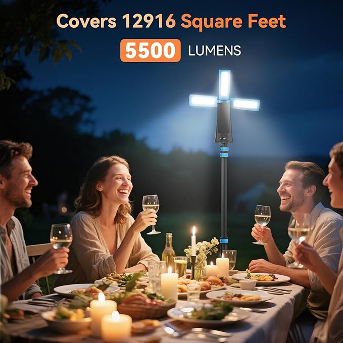 Rechargeable Camping Light with Stand 7ft Max Height, 15000mAh Portable Cordless LED Work Light, 5500 Lumen 6500/4500/3500K Dimmable Emergency Flashlight with Detachable Tripod, Blue