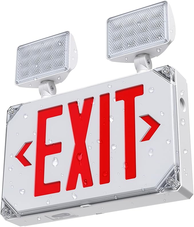 Wet Location Exit Sign with Emergency Lights,Exterior Red LED Exit Light Combo,Double Side exit Sign with Battery Backup,Outdoor Waterproof Exit Light,Adjustable Heads,120/277VAC,UL Listed (1 Pack)