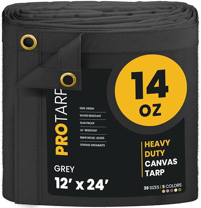 PROTARP Heavy Duty 14 OZ Water Resistant Canvas Tarp, UV Resistant Tarpaulin Cover with Rustproof Brass Grommets, Multipurpose for Canopy, Roof, Camping, Woodpile (Grey 12'X24')