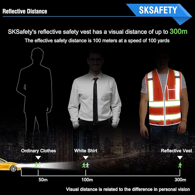 SKSAFETY 10 Pockets Safety Vest, Class 2 High Visibility Security with Zipper, Hi Vis Vest with Reflective Strips, ANSI/ISEA Standard, Construction Work Vest for Men ＆ Women （Orange, 4XL）