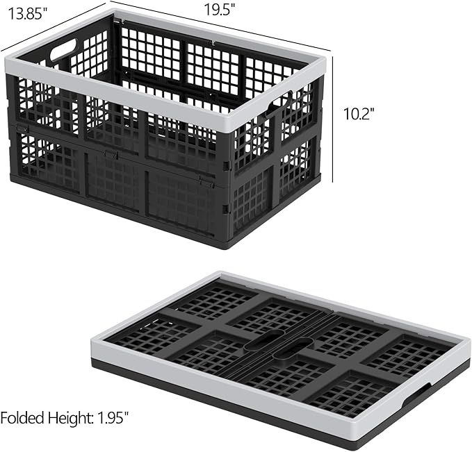 Plastic Collapsible Milk Crates, Collapsible Storage Bins, Foldable Baskets, 42 Liters, Pack of 4 in Black