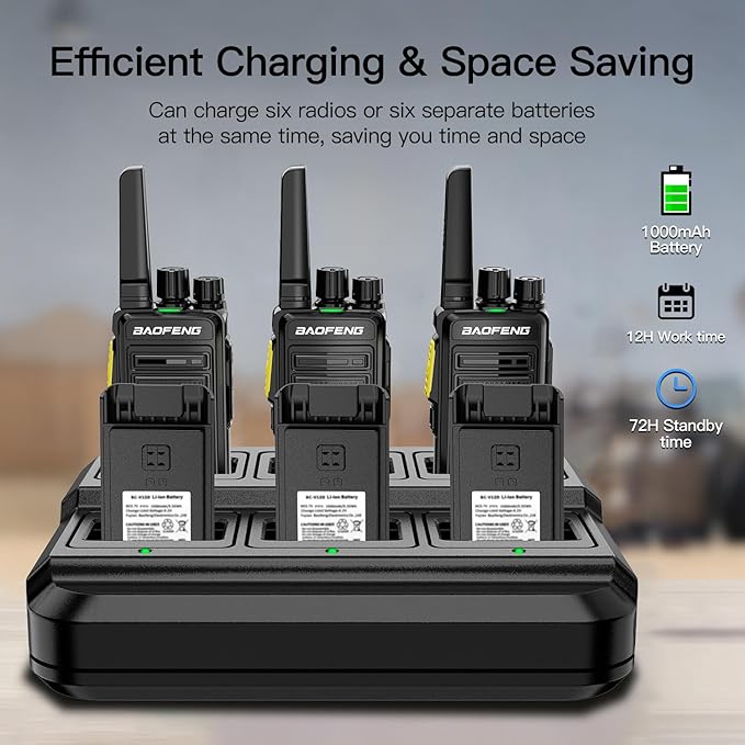 BAOFENG BD-V12B Radio 6 Pack Long Range Walkie Talkies for Adults, Portable FRS Two-Way Radios Rechargeable, with 6 Way Gang Charger,Earpiece,Typc-C Charging for School,Restaurant,Men,Birthday Gifts