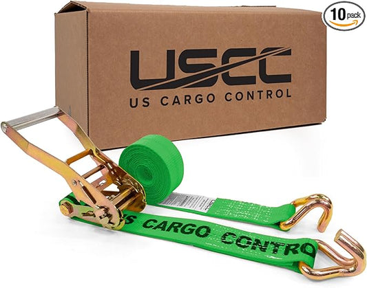 US Cargo Control Wire Hook Ratchet Straps 2 Inch x 12 Foot (10-Pack), 10,000 LBS Break Strength, Ratchet Straps Heavy Duty with Double J Hooks, Green Cargo Tie Downs for Flatbed Trailers and Trucks