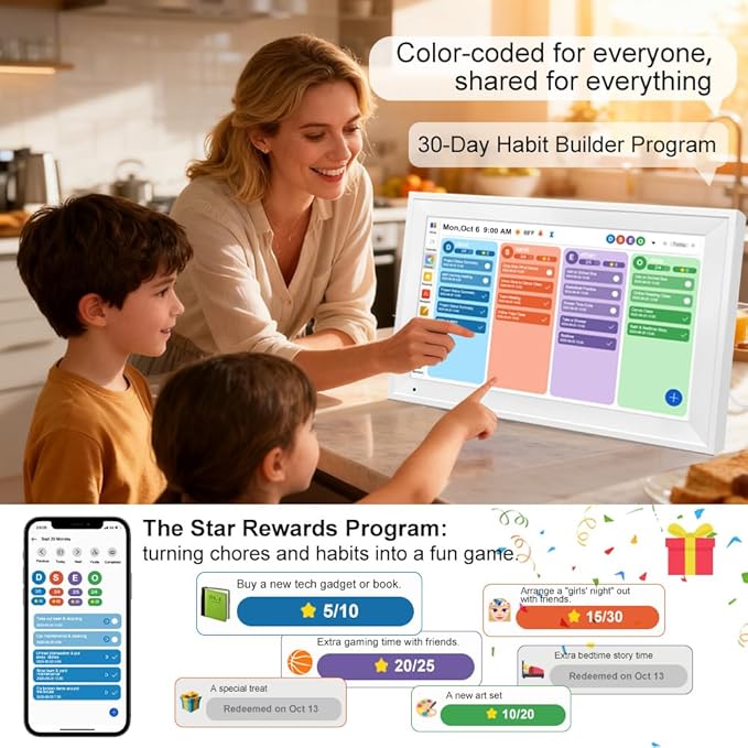 Digital Calendar Planner Interactive Touchscreen Chore Chart Smart Schedule Meal Plan Family Photo Display Sync Calendar Wall & Desk Mountable (15.6 inch)