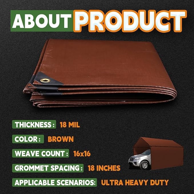 RAINDEWAY 8x20 Feet Super Heavy Duty Tarp 18 Mil,UV Resistant, Weatherproof, Multipurpose Waterproof Poly Tarp Cover with Grommets and Reinforced Edges,Brown Tarps