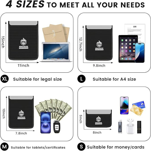 4 Pack Fireproof Document Bags, Waterproof Document Pouch Holder with Zipper, Fire Proof Money Bag for Cash, Fireproof Envelope Fire Safe Bag, Fire Resistant Storage for Legal/A4 Size (Black)