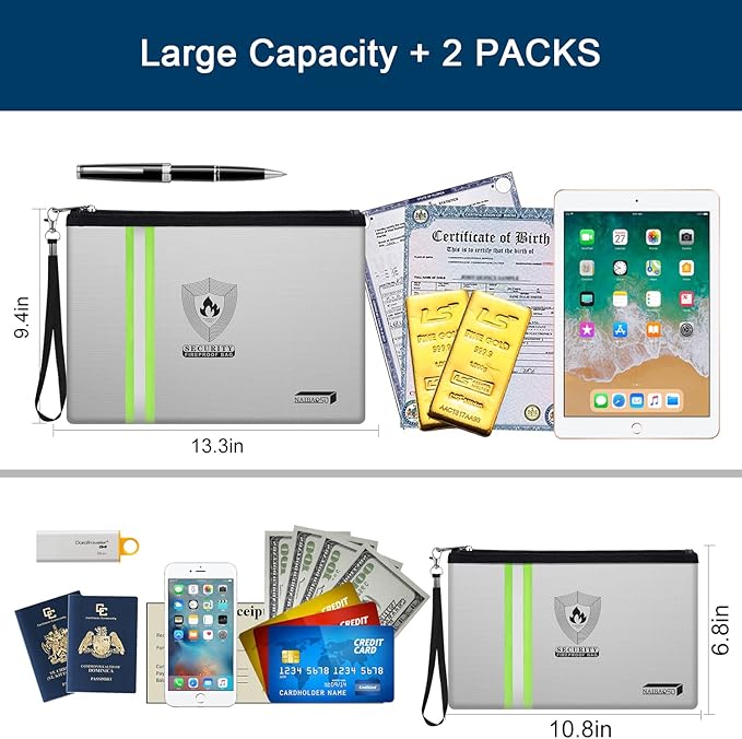 Fireproof Bag for Documents and Money - 2-Pack Waterproof Fire Safe Pouch with Metal Zipper, Reflective Strip & Hand Strap for Passport, Cash, Valuables by NAIBAOSD (13.3" & 10.8")