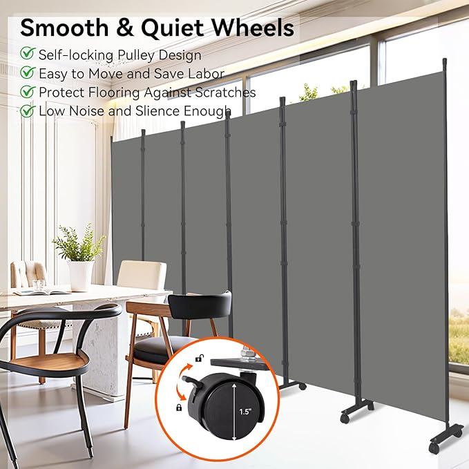 Room Divider 132''W Wall Divider for Room Partition (Heavy Duty Base) 6 Panel Partition Room Dividers, Freestanding Room Divider Screen Separation W/Wheel Folding Privacy Screen Panel Space Separator